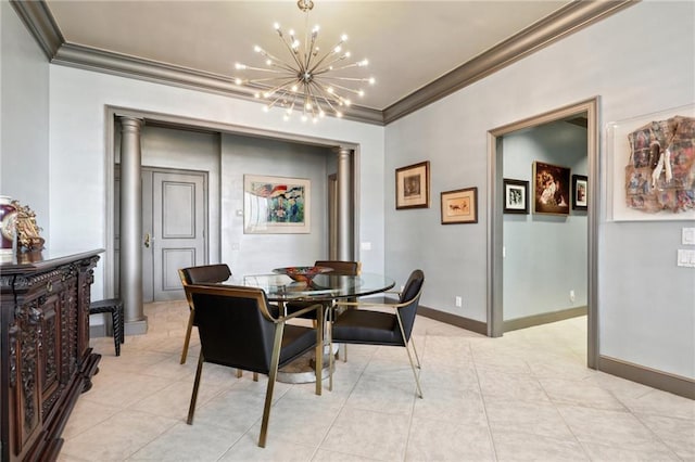 tiled dining space featuring ornate columns, a notable chandelier, and ornamental molding