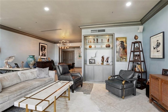 living room featuring an inviting chandelier and crown molding