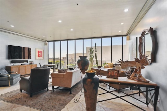 tiled living room featuring crown molding