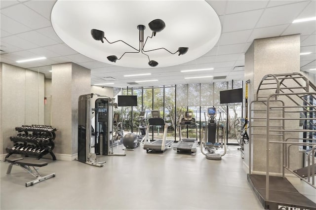 gym with expansive windows and a drop ceiling