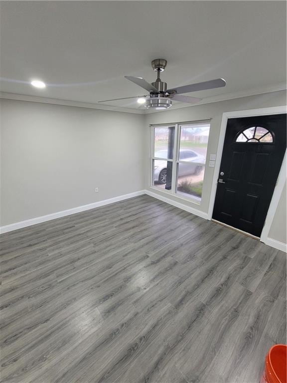 entryway featuring ceiling fan, crown molding, and wood-type flooring