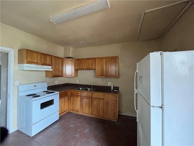 kitchen featuring dark tile floors, white appliances, and sink