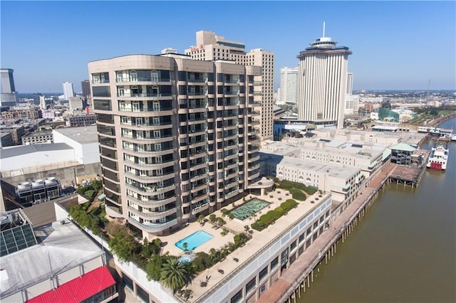 view of building exterior with a water view