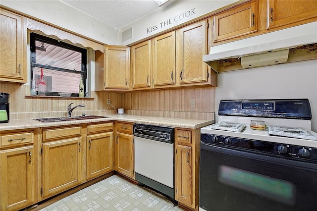 kitchen featuring sink, white appliances, backsplash, and light tile floors