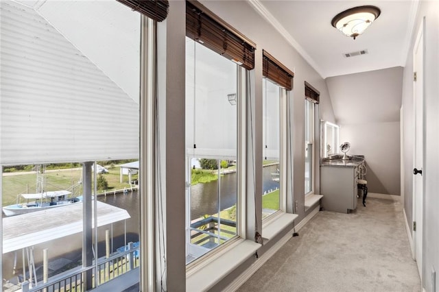 interior space with a water view, lofted ceiling, light colored carpet, and plenty of natural light