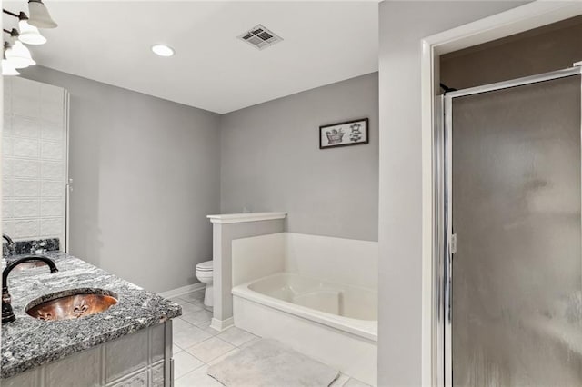 full bathroom with tile patterned flooring, vanity, toilet, and plus walk in shower