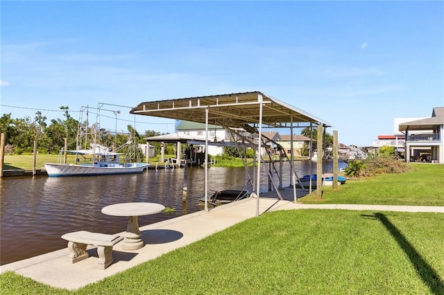 view of dock featuring a lawn and a water view