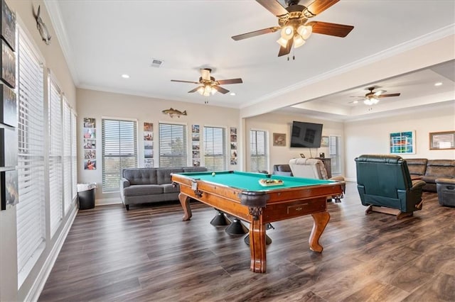 game room featuring billiards, dark wood-type flooring, and ornamental molding