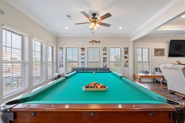 playroom with pool table, ornamental molding, hardwood / wood-style floors, and ceiling fan