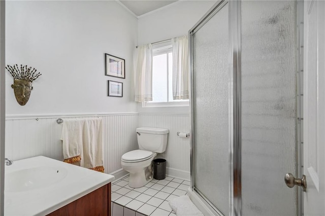 bathroom with vanity, an enclosed shower, tile patterned floors, and toilet