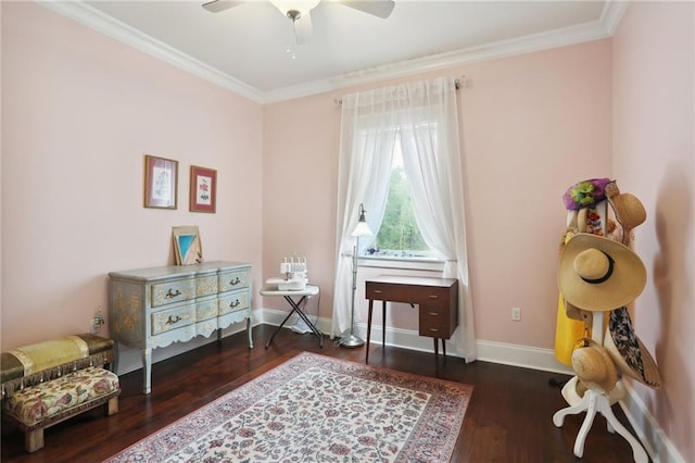 sitting room featuring ceiling fan, dark hardwood / wood-style flooring, and ornamental molding