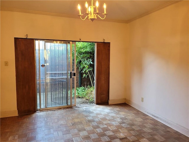 unfurnished room featuring dark parquet floors, ornamental molding, and a chandelier