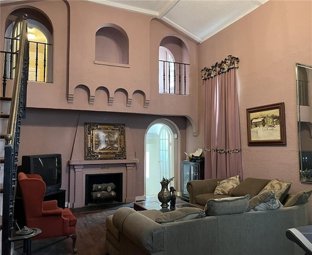 living room featuring high vaulted ceiling