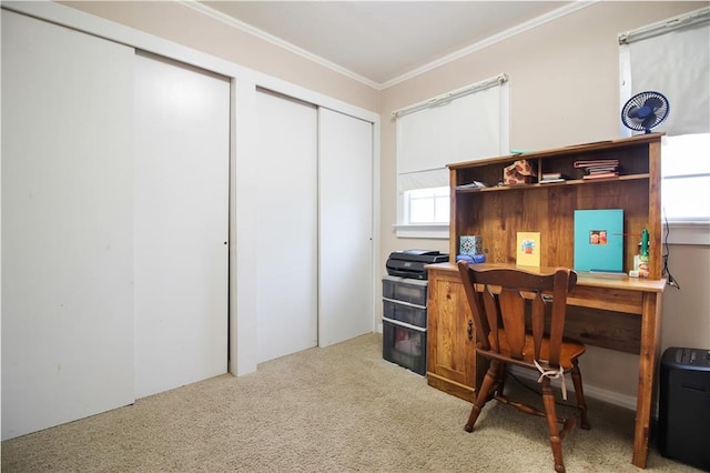 office area with light carpet and crown molding