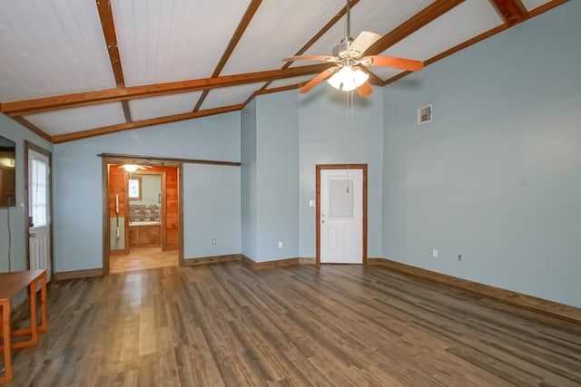 unfurnished living room with beamed ceiling, high vaulted ceiling, wood-type flooring, and ceiling fan