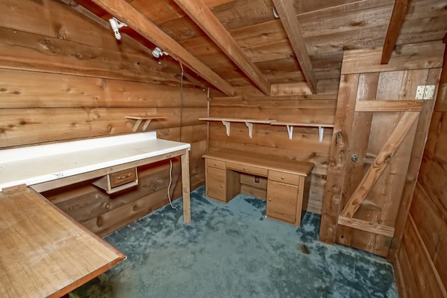 view of sauna with wooden ceiling, carpet floors, and wood walls