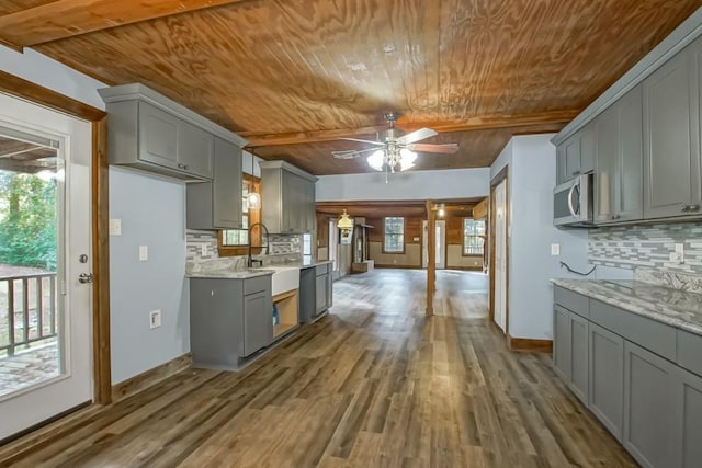 kitchen with ceiling fan, hardwood / wood-style floors, tasteful backsplash, wood ceiling, and gray cabinets