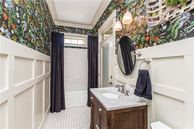 full bathroom with oversized vanity, toilet, tile floors, and shower / tub combo with curtain