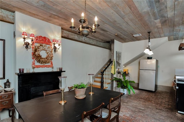 dining room featuring wooden ceiling and a notable chandelier