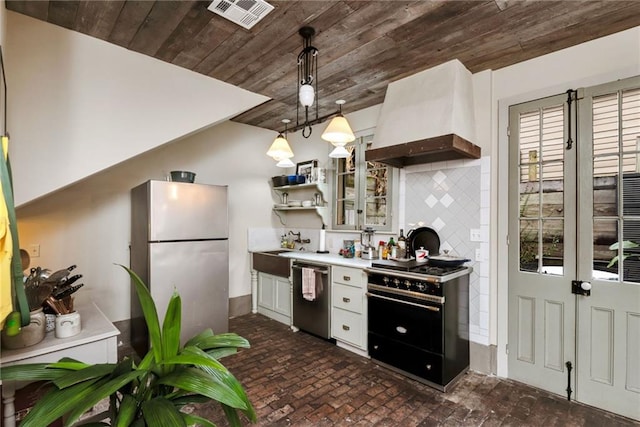 kitchen with appliances with stainless steel finishes, pendant lighting, tasteful backsplash, custom exhaust hood, and wooden ceiling