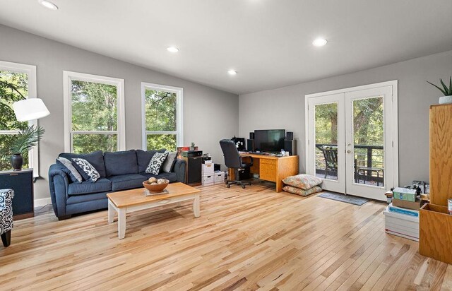 living room featuring plenty of natural light, light wood-type flooring, and french doors