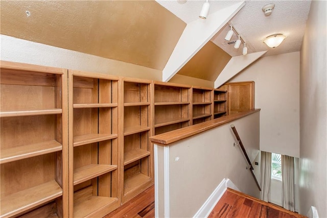 interior space with lofted ceiling and dark hardwood / wood-style flooring