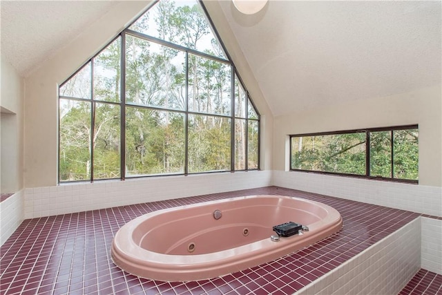 bathroom featuring a textured ceiling, a healthy amount of sunlight, and vaulted ceiling