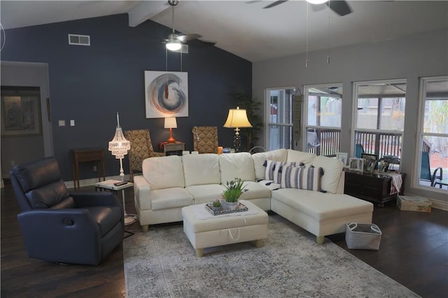 living room featuring ceiling fan, dark hardwood / wood-style flooring, and lofted ceiling with beams