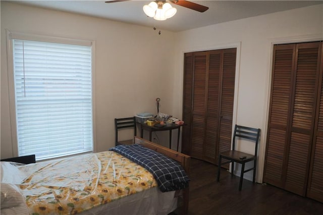 bedroom featuring dark hardwood / wood-style flooring, ceiling fan, and multiple closets