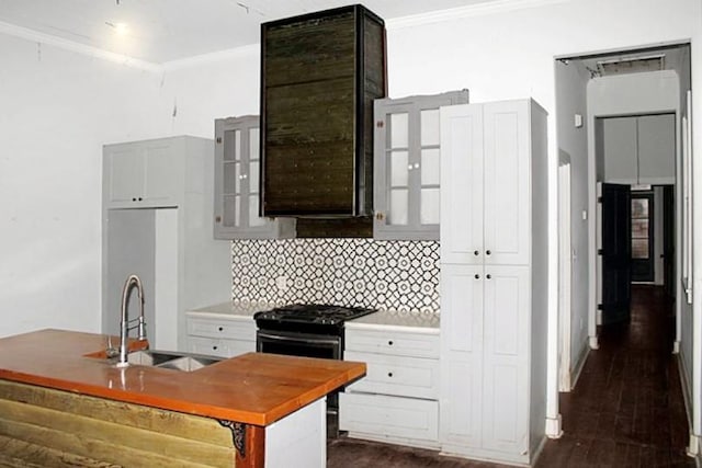 kitchen featuring sink, ornamental molding, white cabinets, dark wood-type flooring, and tasteful backsplash