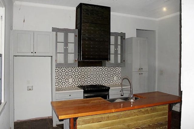 kitchen featuring backsplash, range with gas cooktop, crown molding, and sink