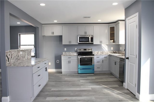 kitchen with light stone countertops, appliances with stainless steel finishes, and light hardwood / wood-style flooring