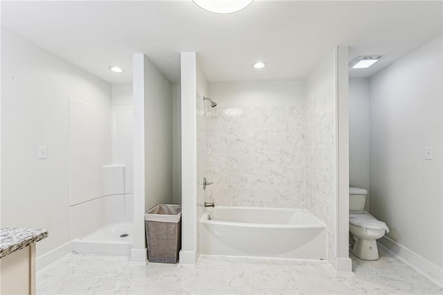 full bathroom with vanity, independent shower and bath, and toilet