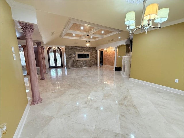 interior space with arched walkways, coffered ceiling, baseboards, ornamental molding, and decorative columns