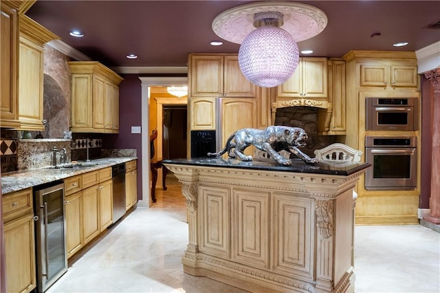 kitchen with dark stone counters, tasteful backsplash, beverage cooler, dishwasher, and ornamental molding