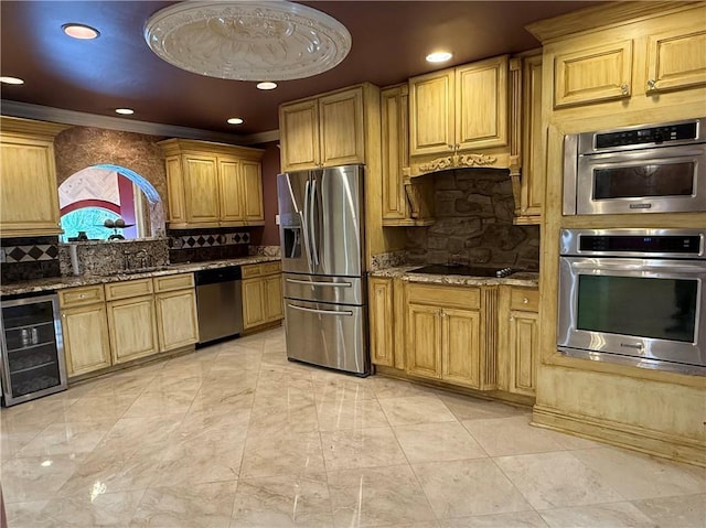 kitchen featuring crown molding, tasteful backsplash, appliances with stainless steel finishes, stone countertops, and beverage cooler