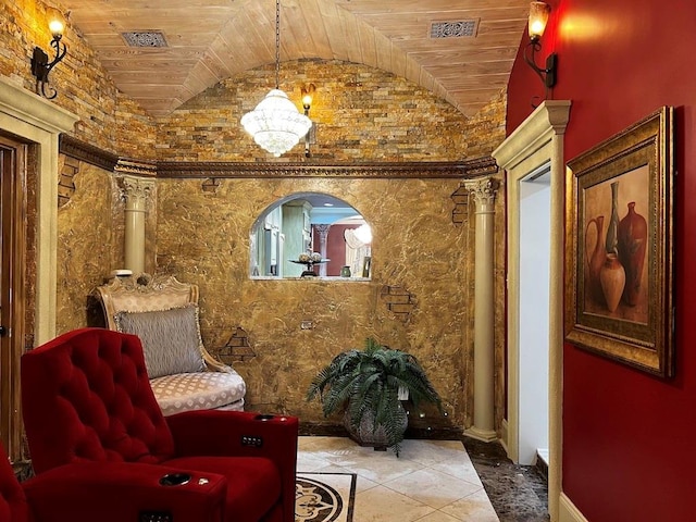 sitting room with an inviting chandelier, lofted ceiling, wood ceiling, and light tile floors