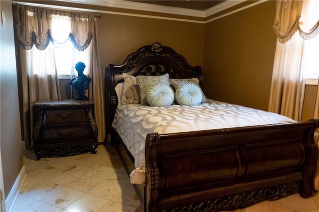 tiled bedroom featuring crown molding