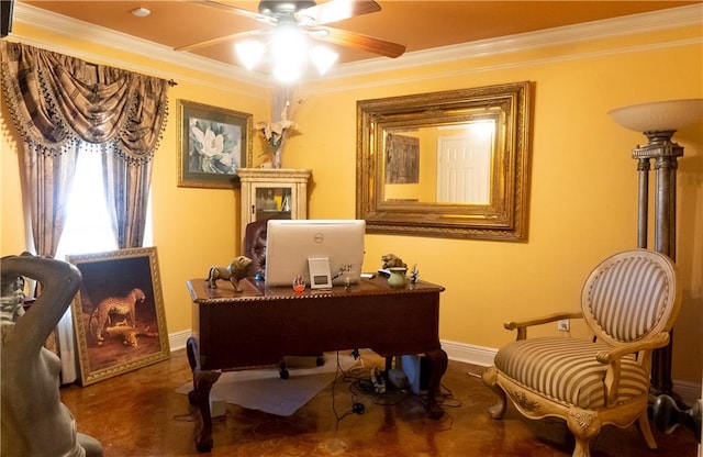 office space featuring ornamental molding and ceiling fan