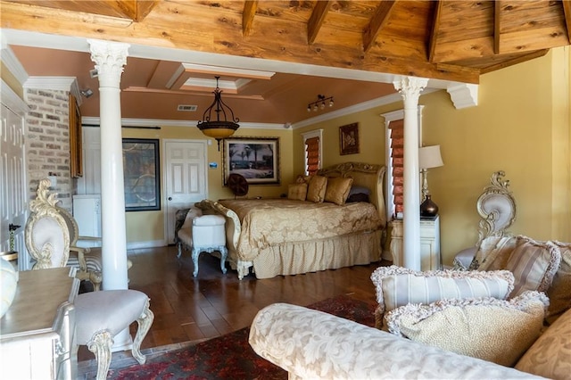 bedroom featuring wood ceiling, decorative columns, ornamental molding, and dark hardwood / wood-style floors