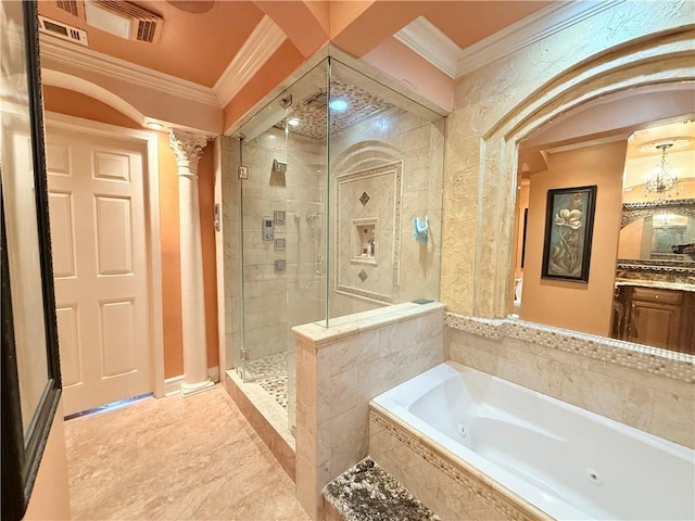 full bath featuring a whirlpool tub, ornamental molding, a stall shower, and vanity