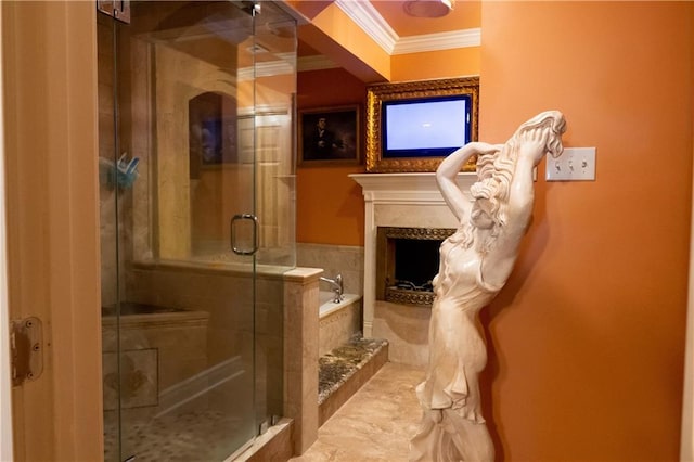 bathroom with tile floors, independent shower and bath, and crown molding