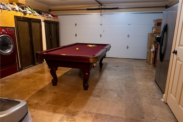 playroom with crown molding, washer / clothes dryer, pool table, and light tile floors