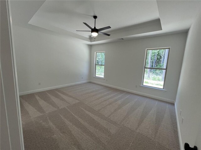 carpeted empty room with ceiling fan, a tray ceiling, and plenty of natural light