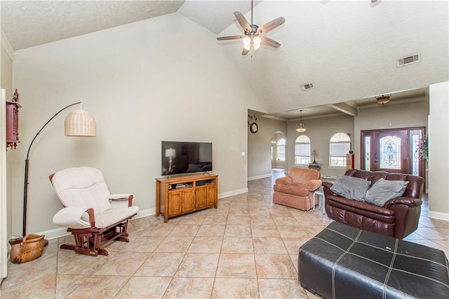 living room featuring light tile floors, a textured ceiling, high vaulted ceiling, and ceiling fan