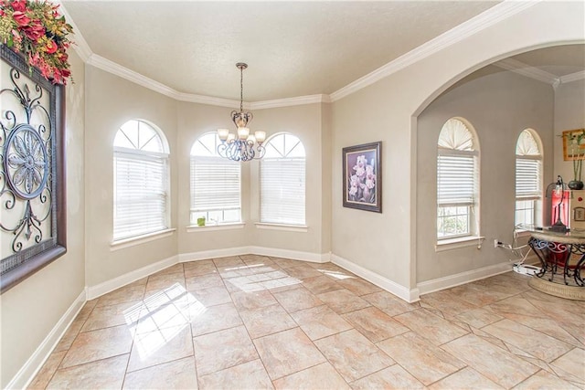 unfurnished dining area featuring a notable chandelier, ornamental molding, and light tile floors