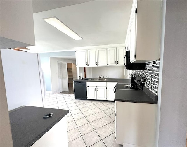 kitchen featuring black appliances, white cabinets, backsplash, sink, and light tile floors