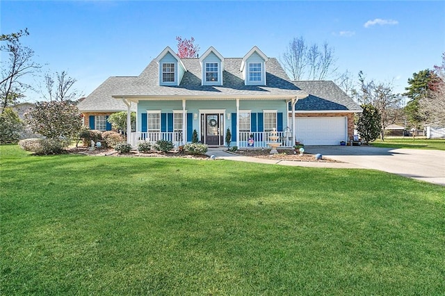 cape cod home with a porch, a garage, and a front yard