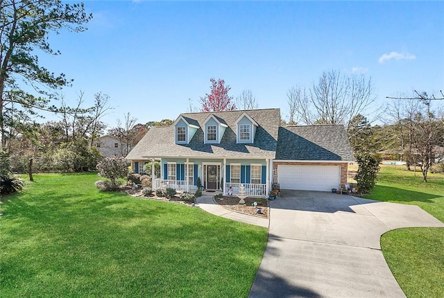 cape cod-style house featuring a garage, covered porch, and a front lawn