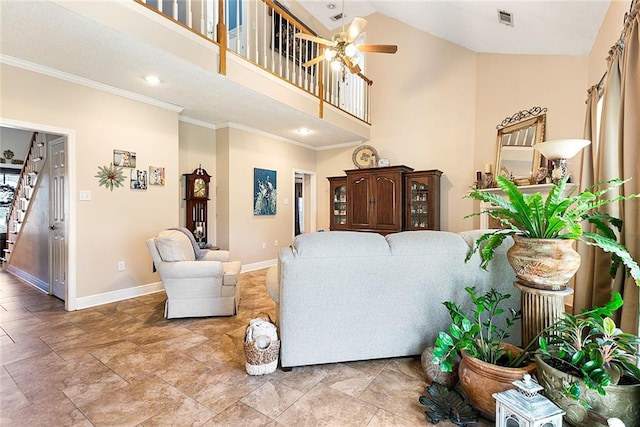 tiled living room featuring high vaulted ceiling and ceiling fan